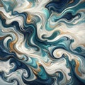 Abstract swirling pattern with vibrant blue teal white and gold colors creating a mesmerizing and dynamic visual effect