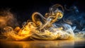 Abstract swirling smoke patterns in shades of gold and blue against a dark background, creating a dramatic and ethereal visual Royalty Free Stock Photo