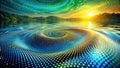 Abstract swirling vortex of data points on tranquil water at sunset. Generative AI Royalty Free Stock Photo