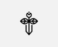 Abstract sword dagger blade knife with a handle made of flower and leaves logo. Creative vector knight weapon defense