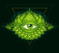 Abstract symbol of All-seeing Eye in Boho Eastern style in green on black