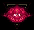 Abstract symbol of All-seeing Eye in Boho Eastern style in red on black