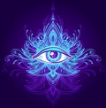 Abstract symbol of All-seeing Eye in Boho style blue lilac on dark