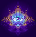 Abstract symbol of All-seeing Eye in Boho style blue lilac gold on dark