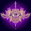 Abstract symbol of All-seeing Eye in Boho style gold on violet
