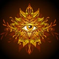 Abstract symbol of All-seeing Eye in Boho style yellow gold brown