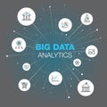 Abstract symbol for big data analytics with stroke icons, spots and grey-teal background