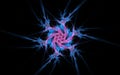 Abstract symbol in the form of a star ninja and snowflakes of blue and pink color with a rotating middle on a black background