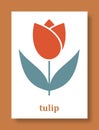 Abstract symbol of tulip flower. Simple minimal style of tulip petals and branch with leaves. Vector illustration Royalty Free Stock Photo
