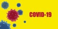 Abstract symbol virus with text COVID-19 on yellow background, pandemic risk, name coronavirus or covid-19. 3d rendering