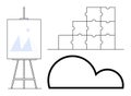 Abstract conceptual elements with canvas, cloud symbol, and puzzle blocks in minimalist design Royalty Free Stock Photo