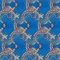 Abstract symmetrical pattern of Indonesian batik in blue, batik pattern blur.