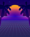 Abstract Synthwave Background with Neon Glowing Grid, Futuristic Backdrop in Retro Style with Palm Trees and Full Moon. Club Party Royalty Free Stock Photo