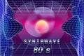 Abstract Synthwave retro banner vaporwave aesthetic background. Mountains landscape grid 3d, sunset 80's retrowave