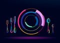 Abstract table setting top view. Empty plate spoon fork and knife from multicolored paints Royalty Free Stock Photo