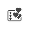 Abstract tablet with pluses and hearts. Communication, positive feedback, chat concept icon in flat design Royalty Free Stock Photo