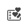 Abstract tablet with pluses and hearts. Communication, positive feedback, chat concept icon in flat design