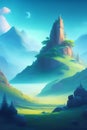 Abstract tale illustration. Mountain panorama with a blue scenic foggy sky Royalty Free Stock Photo