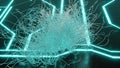Abstract tangle of futuristic metallic wires with abstract neon blue glowing shapes 3d rendering