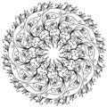 Abstract tangled mandala with swirls and doodle flowers, meditative coloring page and ornate swirls Royalty Free Stock Photo