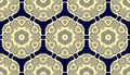 Abstract Tapestry Design. Royal Blue Seamless Wallpaper. Indigo Golden Damask Texture. Geometric Textile Rapport. Luxury Brocade