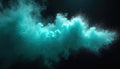 Abstract teal cloud bursts with tiny particles against dark background. Swirling smoke like mist or dust forms dramatic shapes. Royalty Free Stock Photo