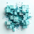 Abstract Teal Cubes Exploding Into Small Particles Against White Background With Subtle Lighting Royalty Free Stock Photo