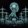 Abstract electrical substation background with AI. 3D rendering toned image, generative ai