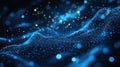 Abstract tech background displays futuristic particle mesh. Dynamic blue lines, points form wavy pattern. Dark backdrop enhances
