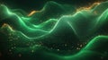 Abstract tech background features dynamic green waves. Digital lines, particles create flowing pattern. Gold specks add touch of Royalty Free Stock Photo