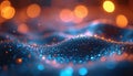 Abstract tech background with glowing blue, orange particles. Microscopic view of data flow nano materials. Digital waves Royalty Free Stock Photo
