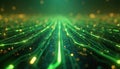Abstract tech background with glowing green lines. Digital data flows along circuit pathways. Bright particles, bokeh lights show Royalty Free Stock Photo