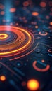 Abstract tech background. Orange glowing circles lines. Futuristic digital interface. Modern system design. Innovation concept.