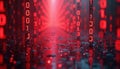 Abstract tech background with red glowing binary code rain. Digital data stream flows in tunnel. Futuristic, vibrant. Dynamic Royalty Free Stock Photo