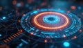 Abstract tech background shows glowing blue digital eye iris scanner interface. Orange light circles core. Circuit board patterns Royalty Free Stock Photo