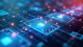 Abstract tech graphic displays digital circuits. Complex data visualizations show automated document compliance. AI, tech