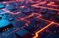Abstract tech illustration of circuit board with glowing lines, chips. Concept digital transformation network communication Royalty Free Stock Photo