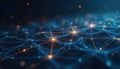 Abstract tech illustration of network science connections data flow. Graphic design features golden lines points on blue Royalty Free Stock Photo