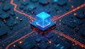 Abstract tech illustration shows glowing cube on circuit board. Cybernetic design depicts digital info processing. High tech Royalty Free Stock Photo