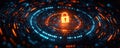 Abstract tech illustration shows glowing data circles with central lock symbol. Dynamic data stream represents secure internet