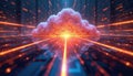 Abstract tech illustration visualizes cloud computing, data transfer. Graphic shows data streams converging to glowing cloud. Royalty Free Stock Photo