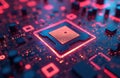 Abstract tech image of a computer processor chip on motherboard circuit board. Digital technology concept of data processing, Royalty Free Stock Photo