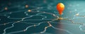 Abstract tech roadmap visualization. Orange marker pin highlights future innovation path. Network lines, glowing points Royalty Free Stock Photo