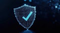 Abstract tech shield with check mark. Secure data protection concept. Illustrates internet safety, cyber security. Digital shield