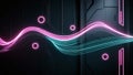 Abstract tech waves with neon highlights create dynamic visual in dark sci fi background, featuring floating digital shapes and