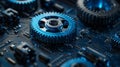 The abstract technical background is composed of mechanisms of cogs and gear wheels, as well as digital technology and