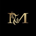 Luxury Gold Letter M Floral Leaf Logo Icon, Classy Vintage vector design concept for emblem, wedding card invitation