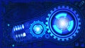 Abstract technological background with light bulb, gears and microchip of blue shades. Concept of light bulb with gears inside mec