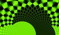 Abstract technological pattern with green geometric blurred rhombuses arranged in a spiral. Cosmic background