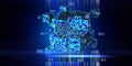 Abstract technology background with color grid of poly cube on dark. Analytics algorithms data. Quantum cryptography concept. Big Royalty Free Stock Photo